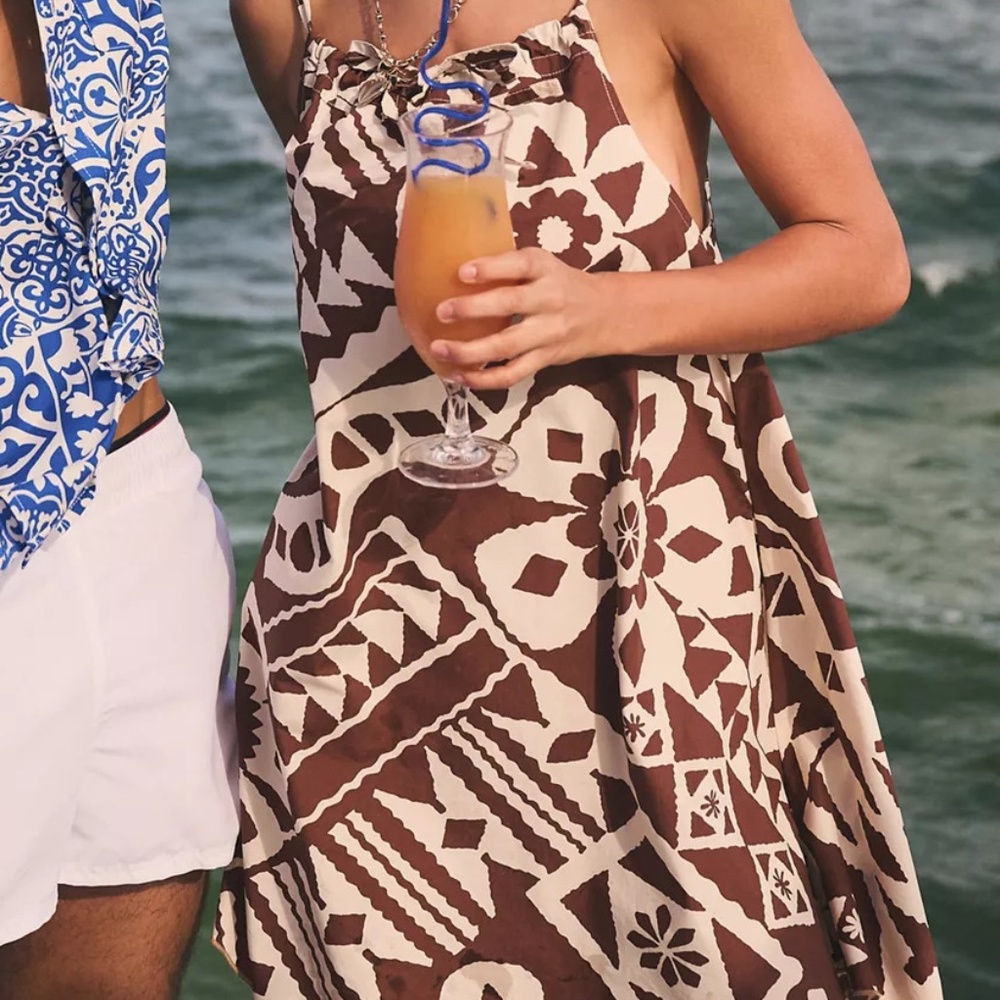 BDG Eva Tie-Front Ruched Strap Trapeze Mini Dress